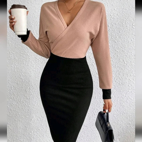 Two Tone Surplice Neck Bodycon Dress - Picture 1 of 3